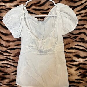 White Scoop-Neck Puff Sleeve Blouse